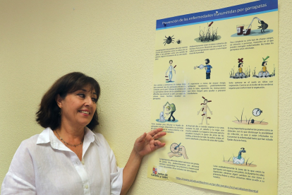 La jefa de la sección de Protección de la Salud, Ana María Ortega, junto a un poster informativo sobre las normas para protegerse de la enfermedades transmitidas por la garrapatas.