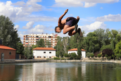 Un joven se lanza al agua en el canal de Castilla.