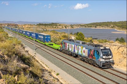 Tren de mercancías con varios semirremolques a bordo en una autopista ferroviaria.