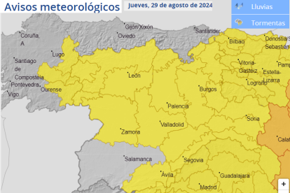 Mapa con las provincias de Castilla y León en aviso amarillo