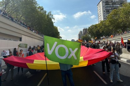 La bandera de Veganzones en la manifestación contra Sánchez.