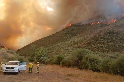 Miembros de Infoca de Andalucía colaboran en la extinción del incendio de Barniedo de la Reina (León)