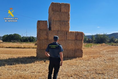 La Guardia Civil junto a alpacas de paja.