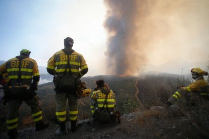 Bomberos de Castilla y León observan un incendio forestas en La Baña.