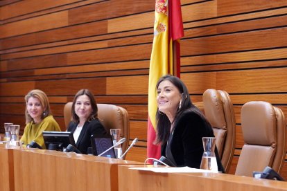 La vicepresidenta segunda socialista Ana Sánchez se despide del hemiciclo en la última sesión plenaria de la legislatura.
