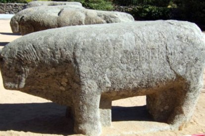 Ejemplos de verracos vetones: figuras de granito talladas hace más de 2.000 años que representaban toros y suidos y cumplían funciones de protección territorial, comunitaria y funeraria.