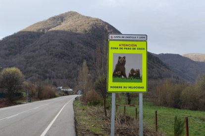 Señal de aviso por osos en Rabanal de Abajo (León).