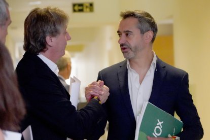 El portavoz del Grupo Socialista, Carlos Martínez, junto al portavoz del Grupo Vox, David Hierro, momentos antes de la reunión de la Junta de Portavoces de las Cortes