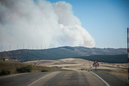 Columna de humo en la vecina provincia de Guadalajara como consecuencia del incendio, vista desde territorio soriano.