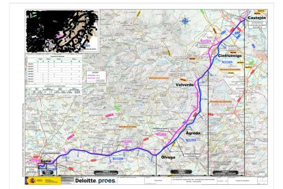 Nuevo trazado para la Soria-Castejón (En azul: Eje A; en morado: Eje B; en negro: fuera de servicio)