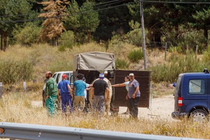Efectivos de los bomberos de Segovia, de la Junta de Castilla y León y Protección Civil trabajan en la extinción del incendio en la Nacional-110.- ICAL