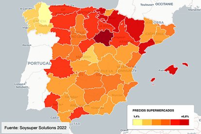 Mapa Barómetro de precios de supermercados 'online' según Soysuper. SSP