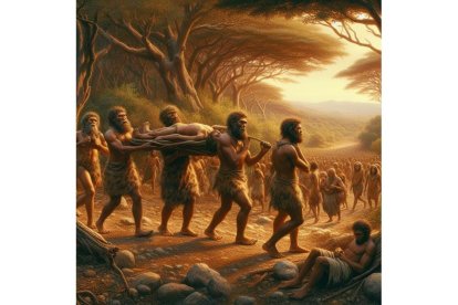 Traslado de un integrante de la tribu en la época de los preneandertales de la Sima de los Huesos según la IA. BING IA