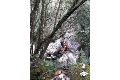 Momento del rescate de uno de los cadáveres del hombre y la mujer de Burgos muertos en Asturias cuando hacían barranquismo.-SEPA