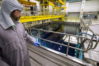 El director técnico del proyecto de desmantelamiento de Garoña, Óscar González, ante la piscina con las barras de uranio. TOMÁS ALONSO