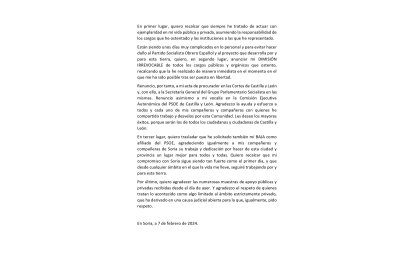 Comunicado de Ángel Hernández, difundido por el PSOE de Castilla y León en el canal de whatsapp con los medios, sin membrete ni firma.-E. M.