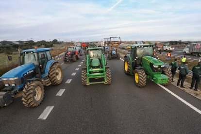 Agricultores y ganaderos cortan la autovía A-62 en Fuentes de Oñoro (Salamanca).- ICAL