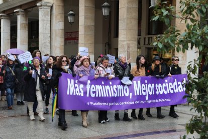 Manifestación de la Plataforma por los Derechos de las Mujeres de Palencia por la calle Mayor y  la Plaza Mayor en Palencia
