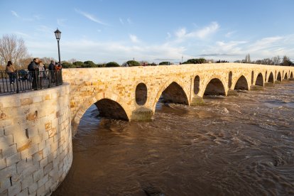 Numerosas personas se acercan a contemplar la crecida del Río Duero a su paso por Zamora