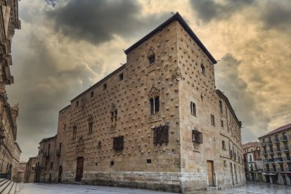 La Casa de las Conchas, uno de los edificios más emblemáticos de Salamanca, destaca por su singular fachada cubierta de conchas dispuestas en patrón geométrico