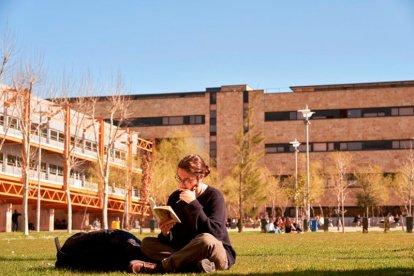 Una alumna estudia en uno de los espacios abiertos del campus de la Universidad de Salamanca.