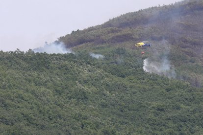 Labores de extinción de un incendio forestal originado esta madrugada en Valdepiélago (León).