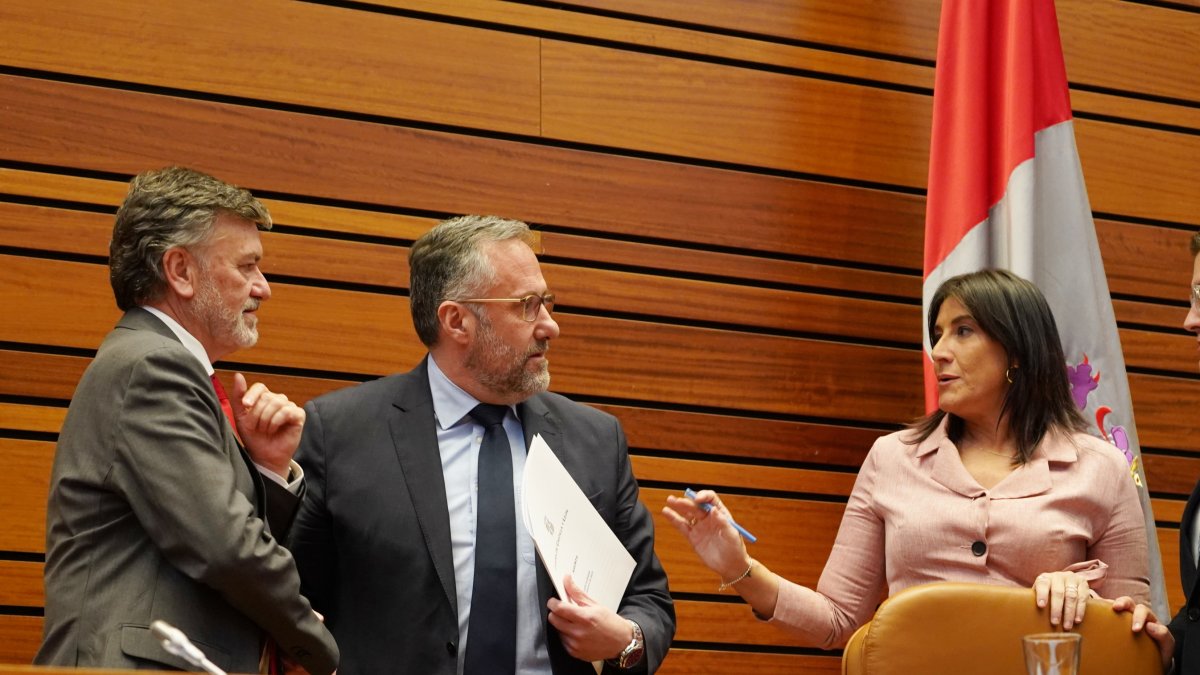 Francisco Vázquez (PP), Carlos Pollán (VOX) y Ana Sánchez (PSOE), en una imagen de archivo durante un pleno de las Cortes.-ICAL