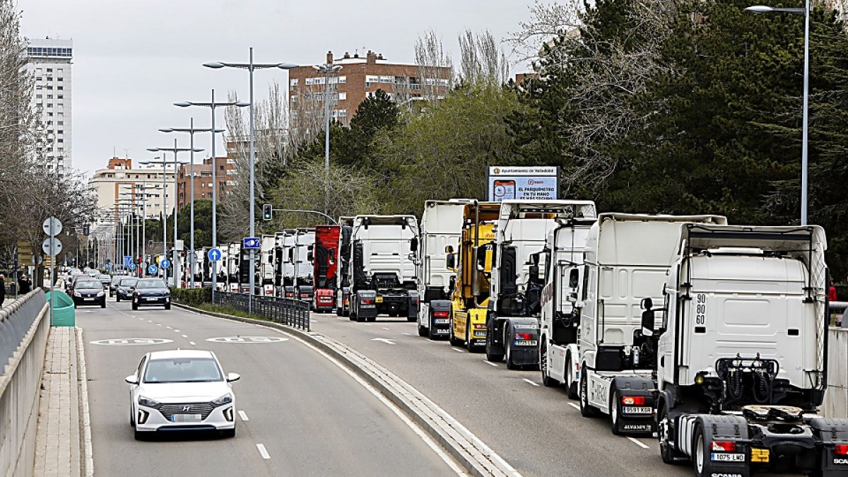 Convoy de camiones que provocó tráfico lento ayer en la Avenida de Salamanca de Valladolid. J.M. LOSTAU