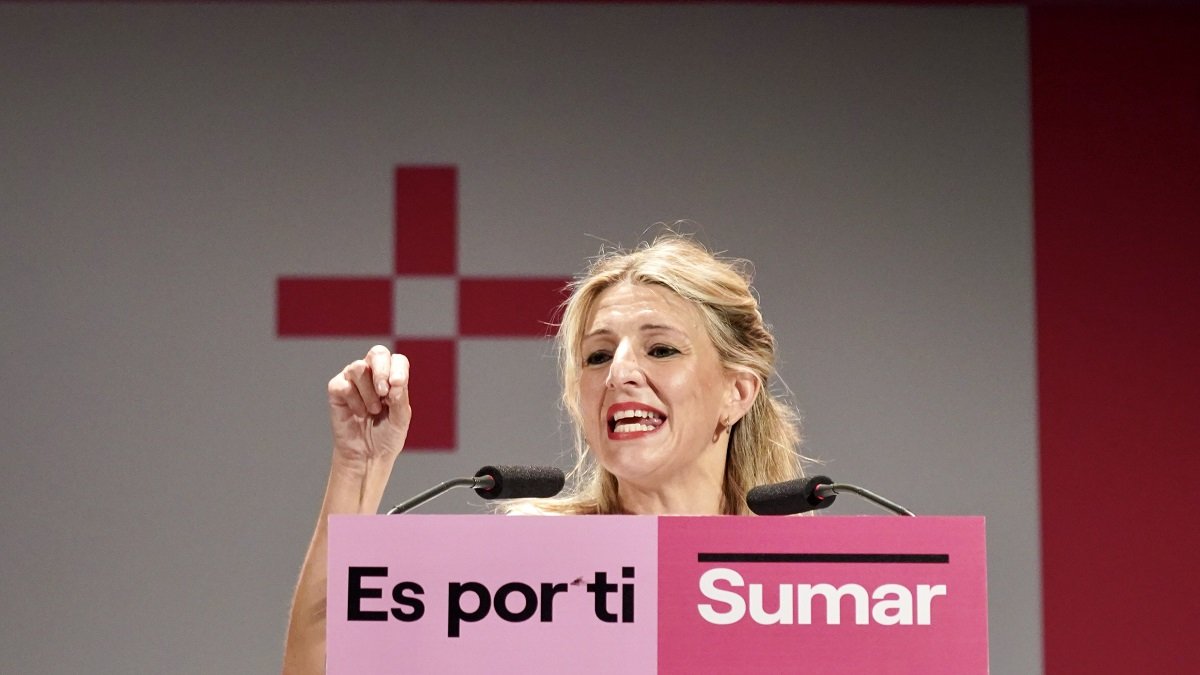 La candidata a la Presidencia del Gobierno por Sumar, Yolanda Díaz, participa en un acto de partido en Valladolid. -ICAL