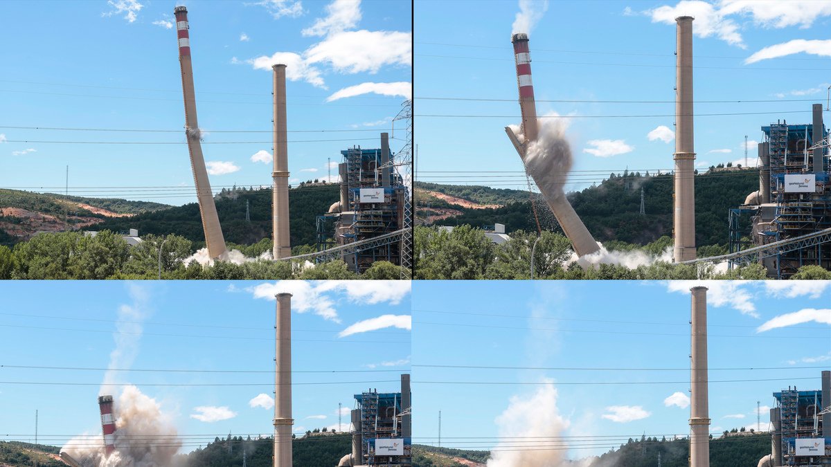 <p>La chimenea de la central térmica de La Robla desaparece a causa de 48 kilos de explosivos este jueves 28 de julio. Naturgy sigue en las tareas de desmantelamiento de la infraestructura, que comenzaron en 2018 y darán paso a la creación de la mayor planta de hidrógeno de España.</p>
