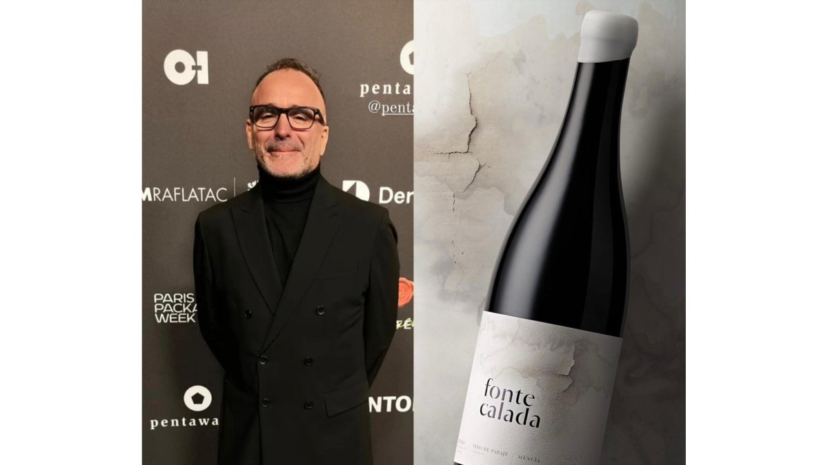 El premiado Pablo Guerrero junto al diseño del vino premiado mencía Foncalada. -E.M.