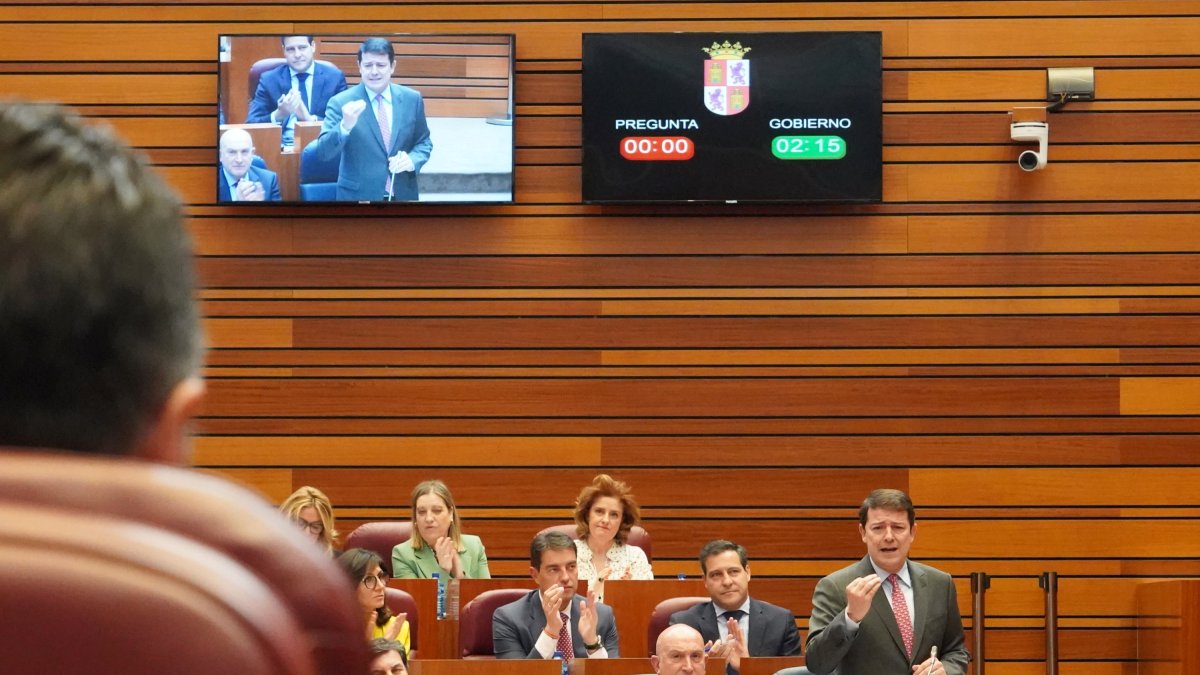 Intervención del presidente de la Junta de Castilla y León, Alfonso Fernández Mañueco, durante el pleno de las Cortes. ICAL