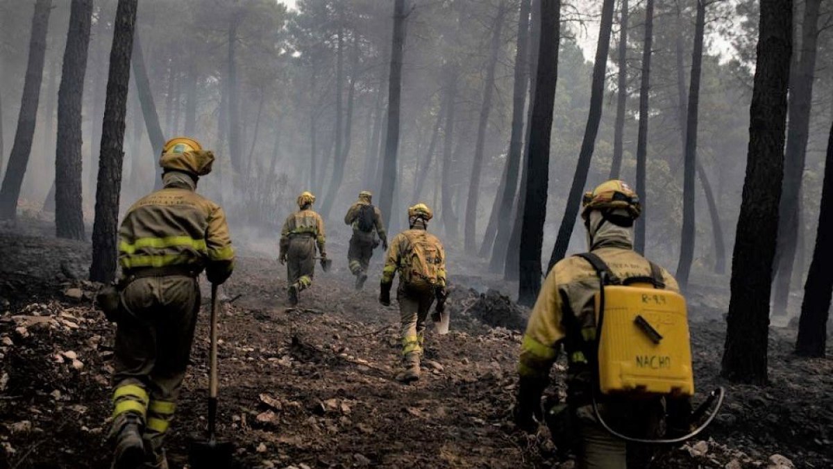 Bomberos en las labores de extinción en el incendio en la Sierra de la Culebra. -IVÁN G.