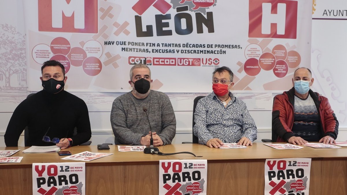 Las organizaciones sindicales CGT, USO, CCOO y UGT informan sobre las movilizaciones previstas por el desarrollo económico y social de la provincia de León. -ICAL