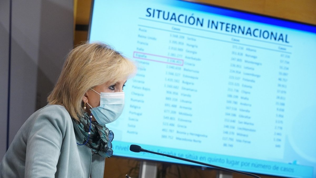 La consejera de Sanidad, Verónica Casado, durante la rueda de prensa para informar de la situación epidemiológica. / ICAL