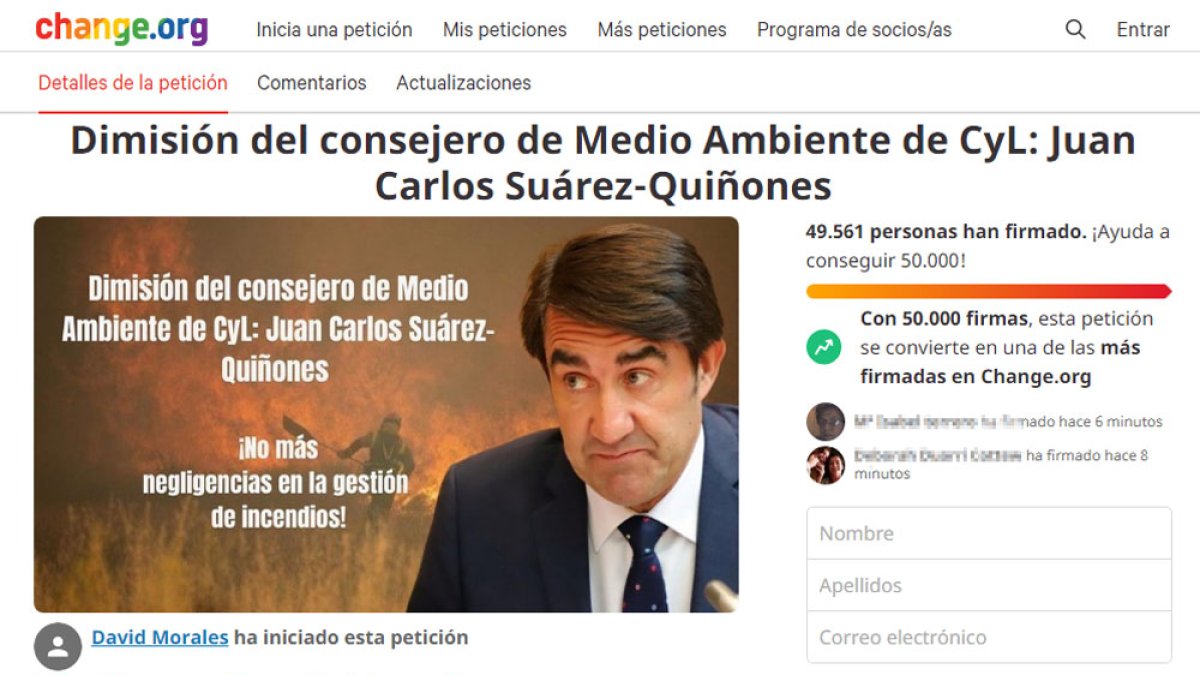 Campaña de recogida de firmas en change.org para pedir la dimisión de Suárez-Quiñones. E. M.