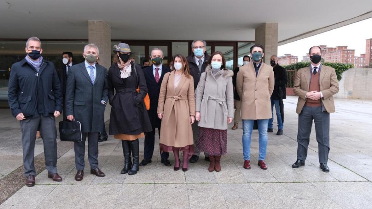 Varios diputados de Vox a nivel nacional ayer frente a las Cortes de Castilla y León. / E.M.