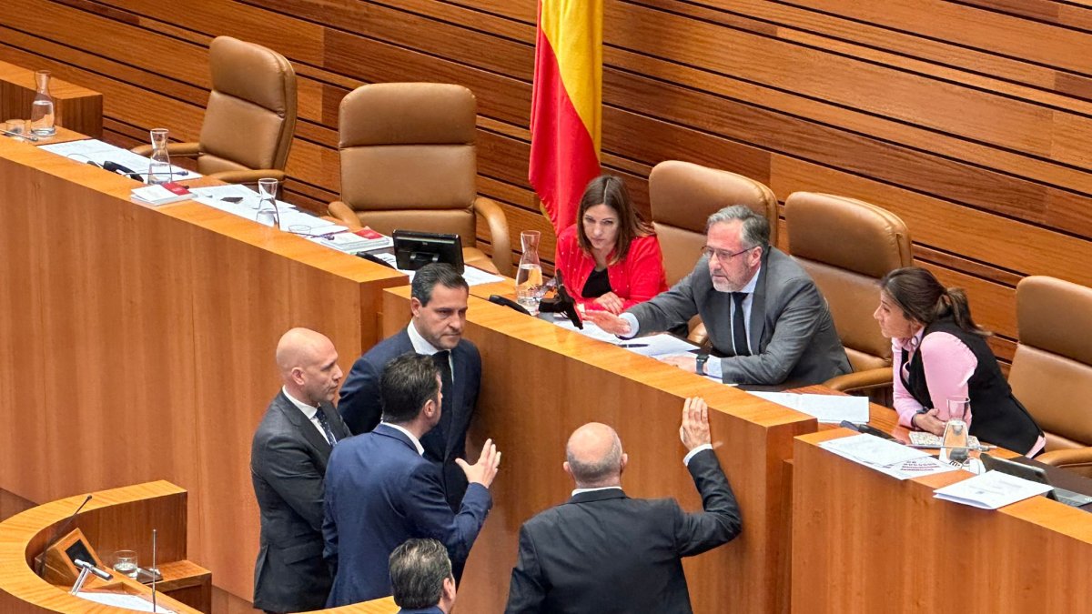Los procuradores de los grupos parlamentarios, reunidos con Pollán antes de la suspensión del pleno.- E. M.