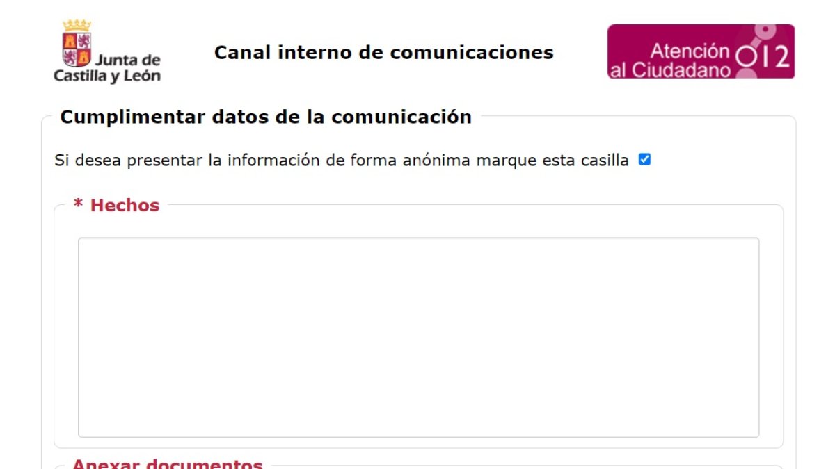 Formulario para canalizar una denuncia en la web de la Junta.