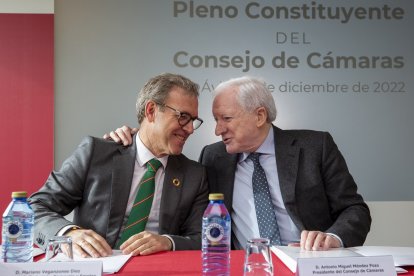 El consejero de Industria Mariano Veganzones y el presidente de la Cámara de Comercio de Burgos, Antonio Miguel Méndez Pozo en el acto de constitución del pleno del Consejo de Cámaras de Comercio. - ICAL