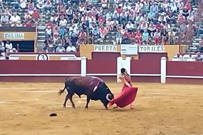 Manuel Diosleguarde en su faena de este domingo en la Plaza de Toros de Cuéllar. E. M.