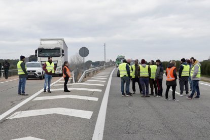 Los agricultores cortan la autovía A-6 a la altura de La Bañeza (León). -ICAL