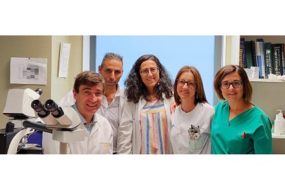 El patólogo Emiliano Honrado; el cirujano Óscar Sanz; la oncóloga médica Ana López; la enfermera de oncología Susana Abella, y la radióloga Laura López. A este equipo se suma la oncóloga médica Mariana López, que no sale en la fotografía, además de la colaboración de Pilar de la Torre y Felisa Fernández.- EL MUNDO