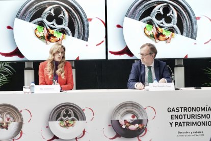 La viceconsejera de Acción Cultural, Mar Sancho, junto al director general de Turismo, Ángel González, presenta la participación de la Junta de Castilla y León en la Feria Internacional de Turismo, Fitur 2023. -ICAL