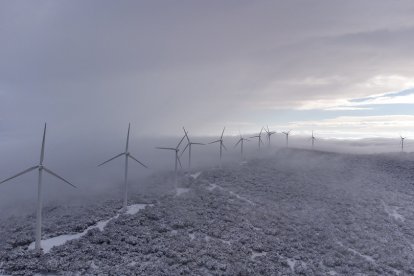 Parque eólico Sierra de Dueña de Iberdrola, enclavado en la dehesa salmantina, cubierto por un manto blanco de nieve. -ICAL