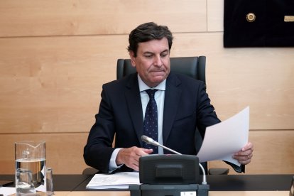 El consejero de Economía y Hacienda, Carlos Fernández Carriedo, durante su comparecencia en las Cortes.- ICAL