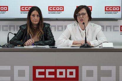 La secretaria de Mujeres y Políticas de Igualdad de CCOO Castilla y León, Yolanda Martín y la secretaria confederal de Mujeres, Igualdad y Condiciones de Trabajo de CCOO, Carolina Vidal, en la rueda de prensa. - ICAL