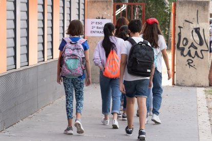 Un grupo de alumnos a la entrada de un instituto público de la capital vallisoletana.-E.M.