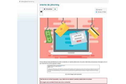 Alerta del intento de phising colgada en el portal Educacyl.