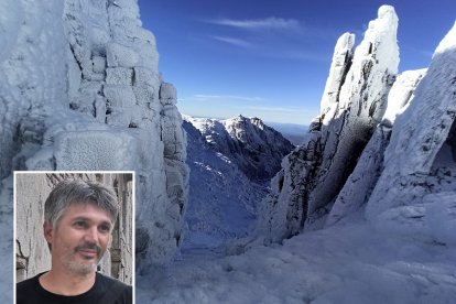 Estado de la cima de la sierra de Béjar y en la foto pequeña Jose Antonio, el montañero desaparecido, en una imagen cedida por su mujer. E.M.